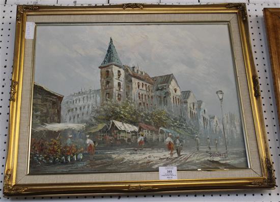 Oil of French church/street scene by Burnett